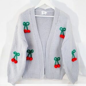 Luna‎ Ivy NWT Light Gray Crochet Knot 3D Cherry Fruit Pom Pom Cardigan Small